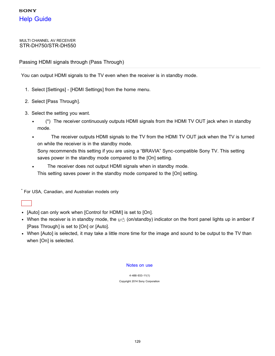 Passing hdmi signals through (pass through), Help guide | Sony STR-DH750 User Manual | Page 136 / 246