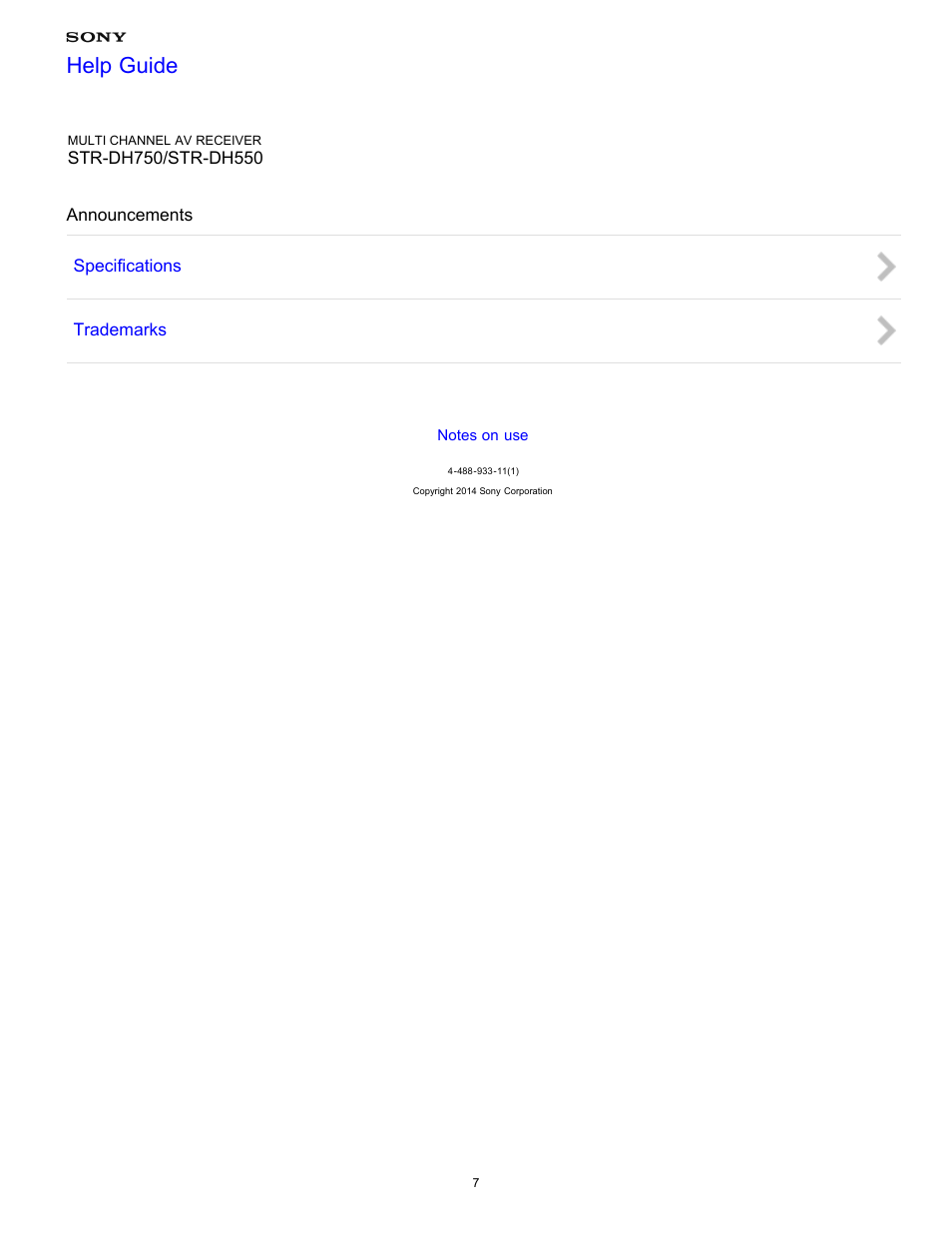 Announcements, Help guide | Sony STR-DH750 User Manual | Page 14 / 246