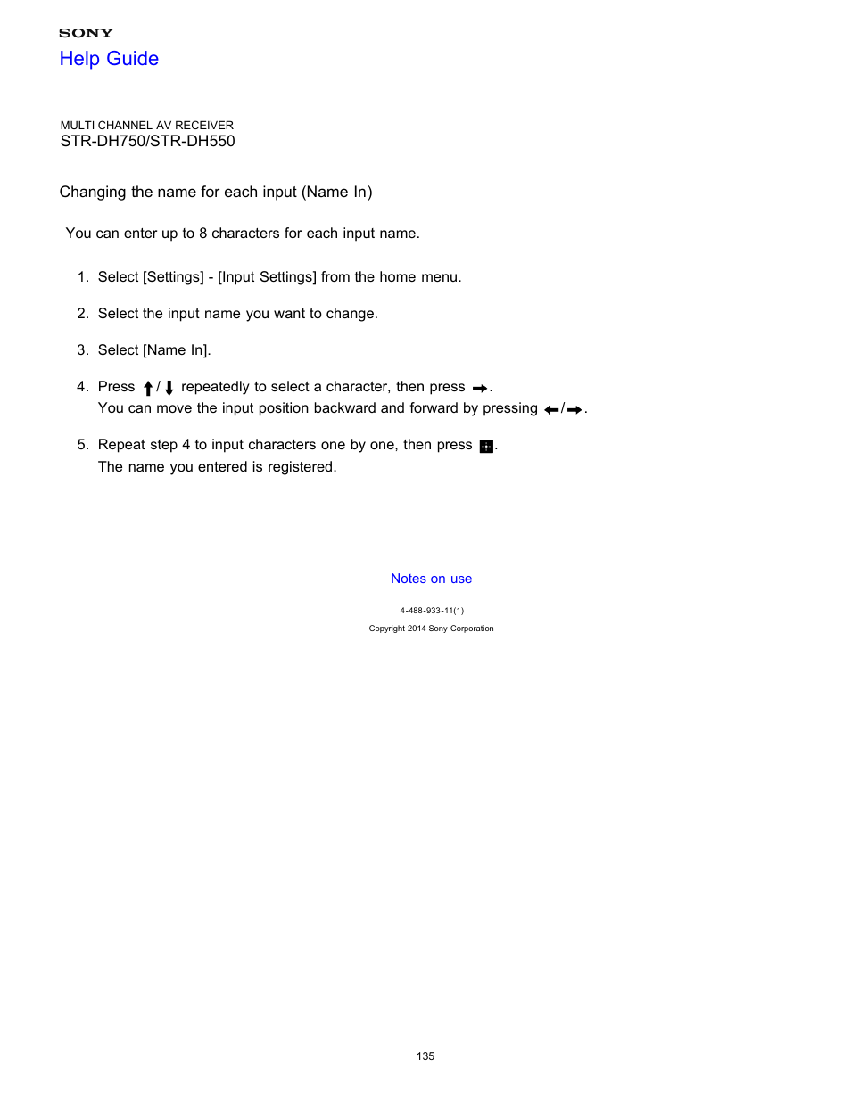 Changing the name for each input (name in), Help guide | Sony STR-DH750 User Manual | Page 142 / 246