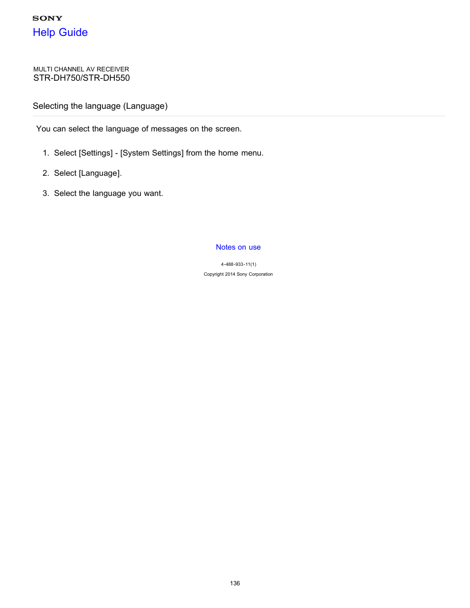 Selecting the language (language), Help guide | Sony STR-DH750 User Manual | Page 143 / 246