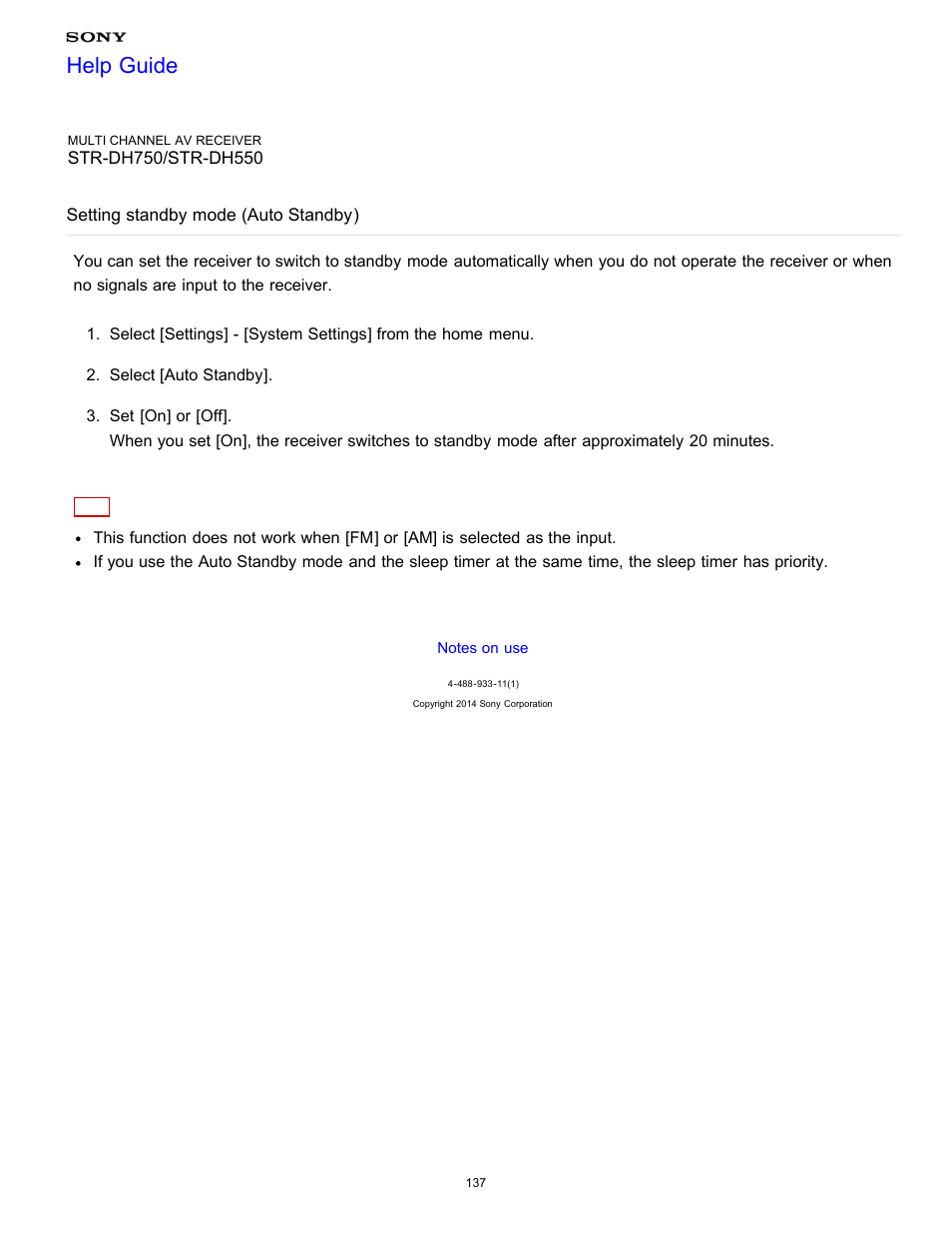 Setting standby mode (auto standby), Help guide | Sony STR-DH750 User Manual | Page 144 / 246