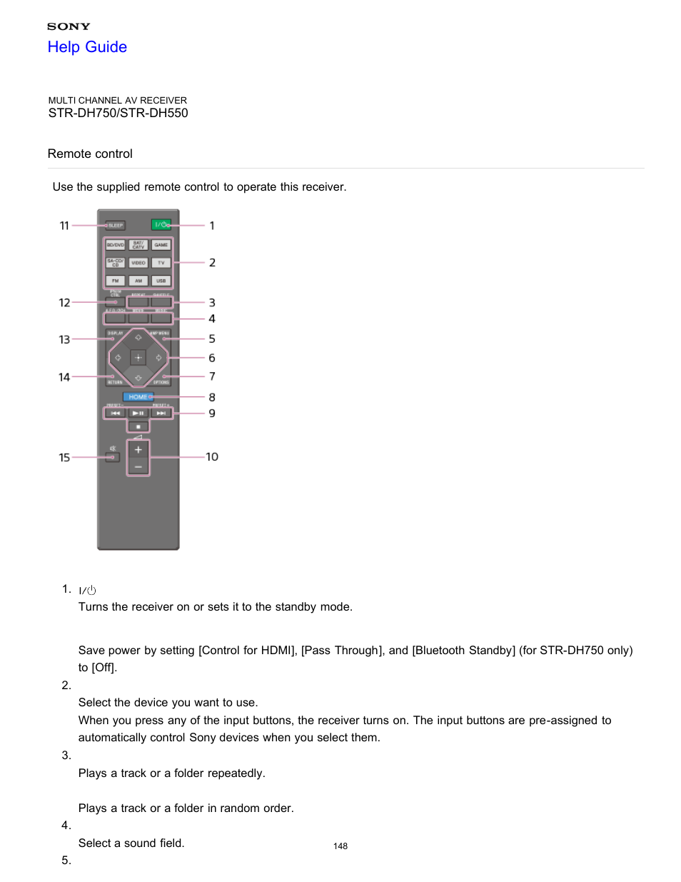 Remote control, Help guide | Sony STR-DH750 User Manual | Page 155 / 246