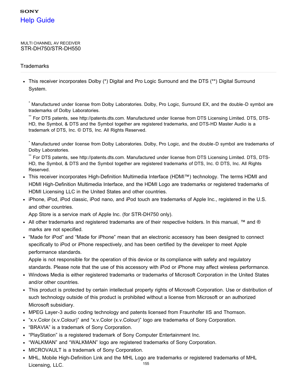 Trademarks, Help guide | Sony STR-DH750 User Manual | Page 162 / 246