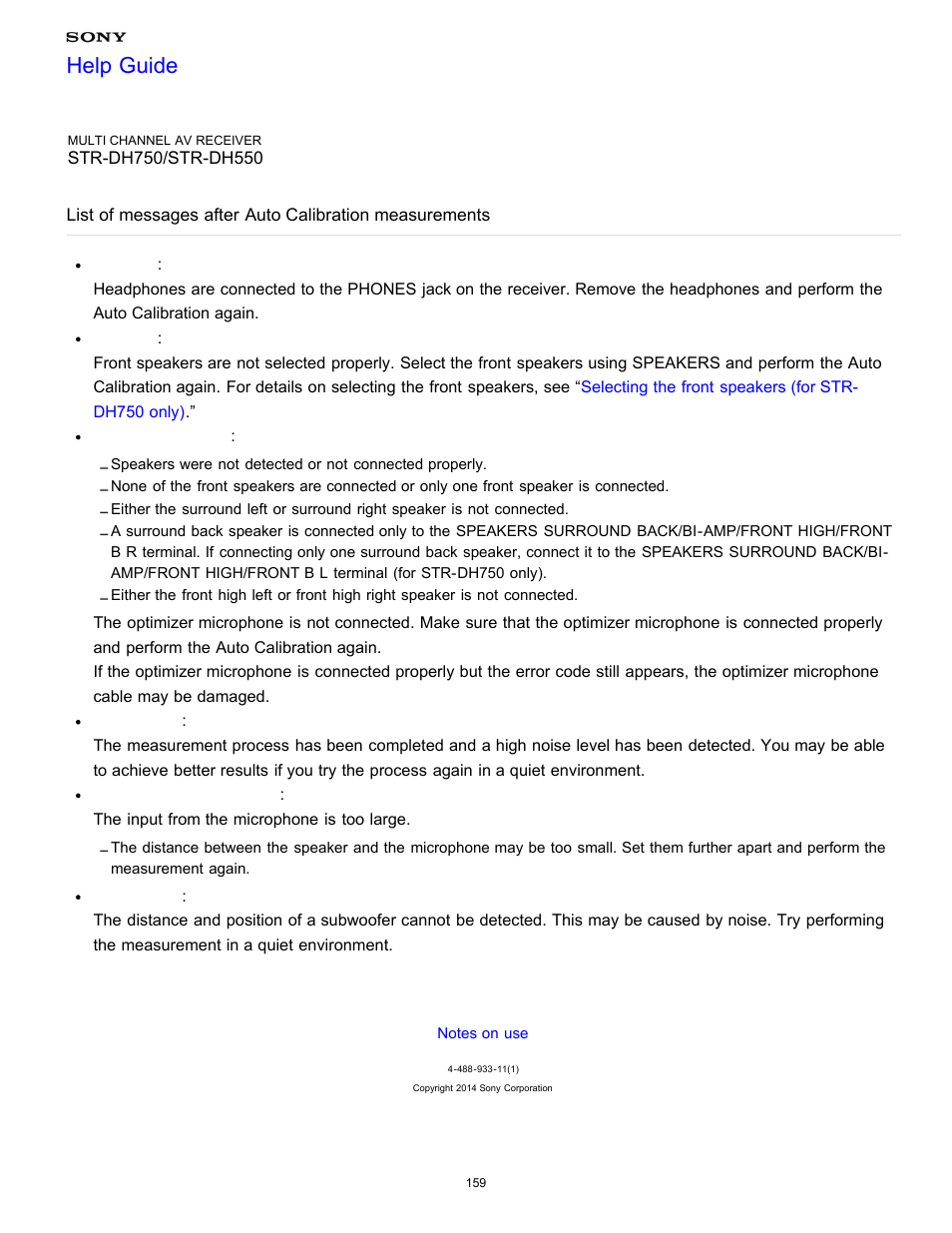 List of messages after auto, Calibration measurements, Help guide | Sony STR-DH750 User Manual | Page 166 / 246