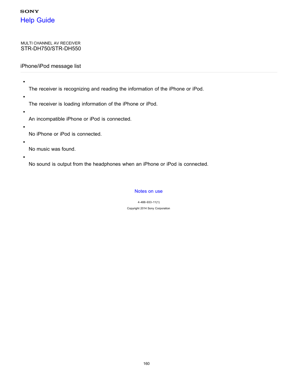 Iphone/ipod message list, Help guide | Sony STR-DH750 User Manual | Page 167 / 246