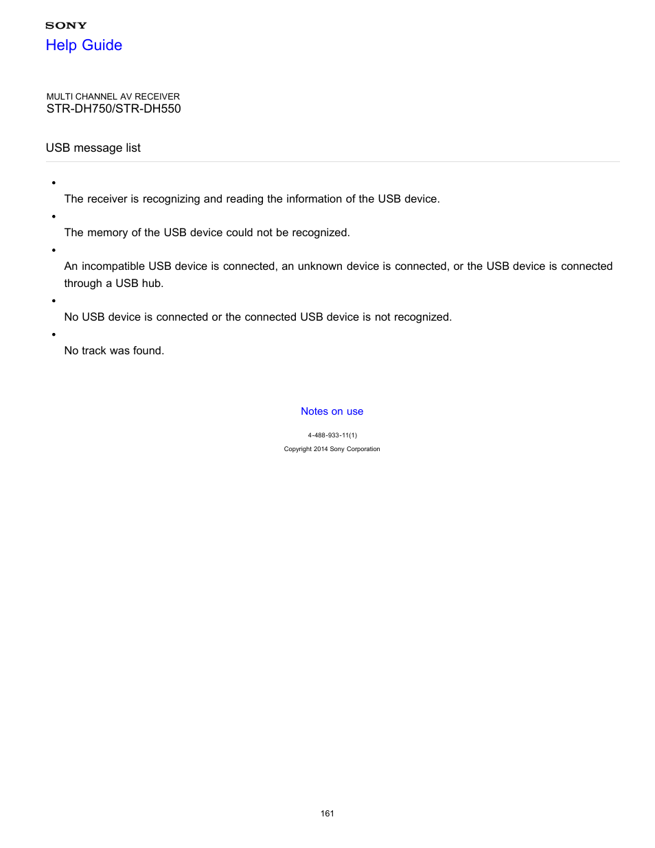 Usb message list, Help guide | Sony STR-DH750 User Manual | Page 168 / 246