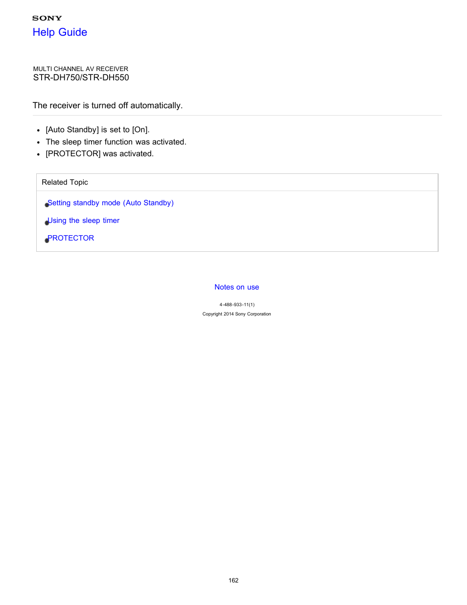 The receiver is turned off automatically, Help guide | Sony STR-DH750 User Manual | Page 169 / 246