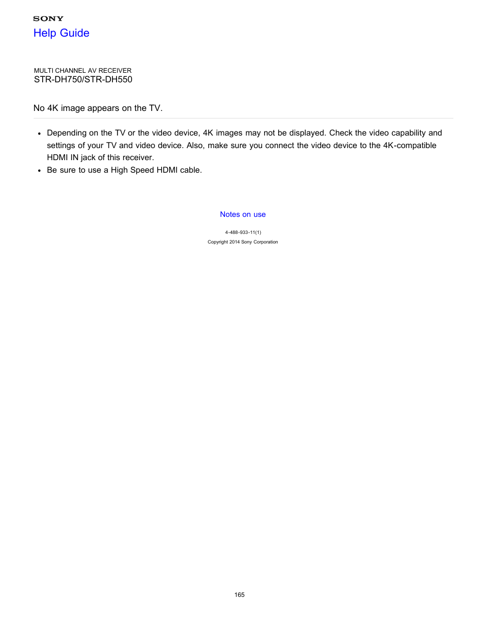 No 4k image appears on the tv, Help guide | Sony STR-DH750 User Manual | Page 172 / 246