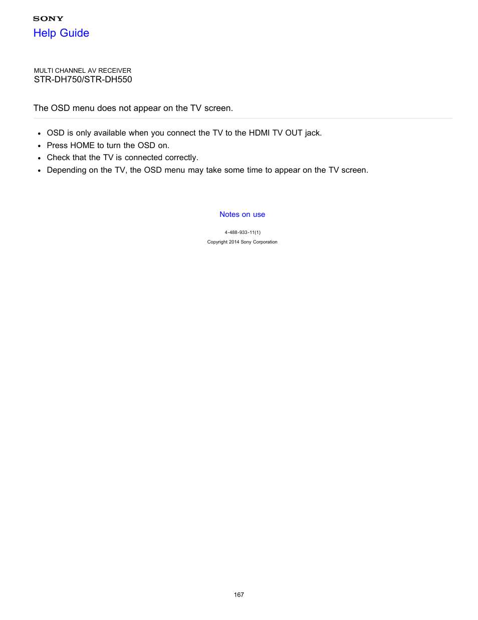 The osd menu does not appear on the tv screen, Help guide | Sony STR-DH750 User Manual | Page 174 / 246