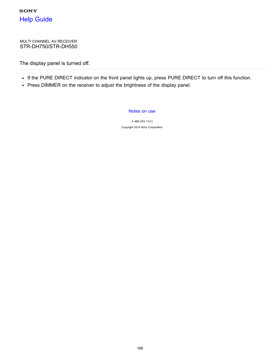 The display panel is turned off, Help guide | Sony STR-DH750 User Manual | Page 175 / 246