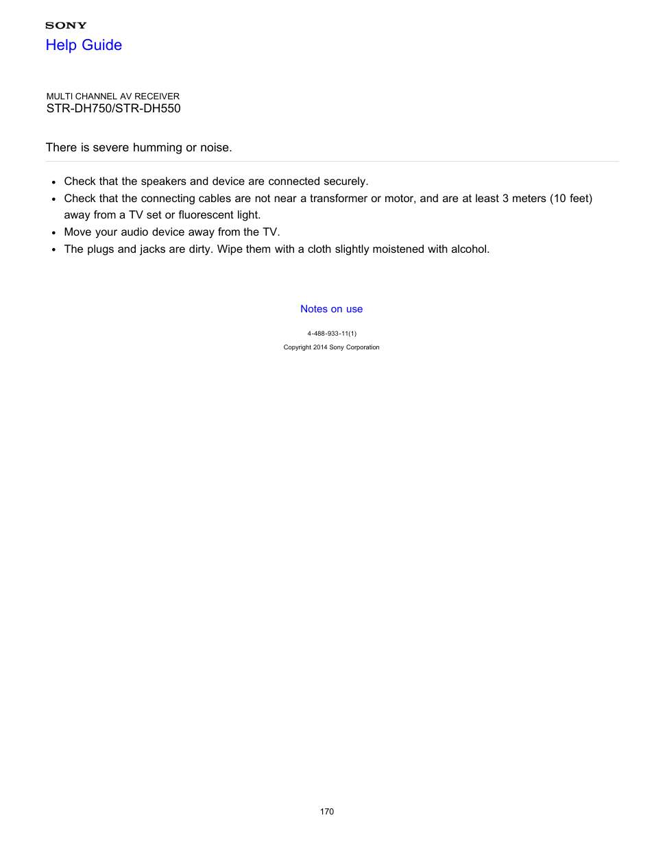 There is severe humming or noise, Help guide | Sony STR-DH750 User Manual | Page 177 / 246