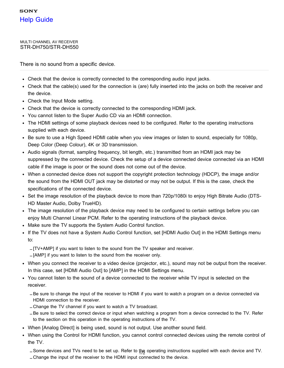 There is no sound from a specific device, Help guide | Sony STR-DH750 User Manual | Page 179 / 246