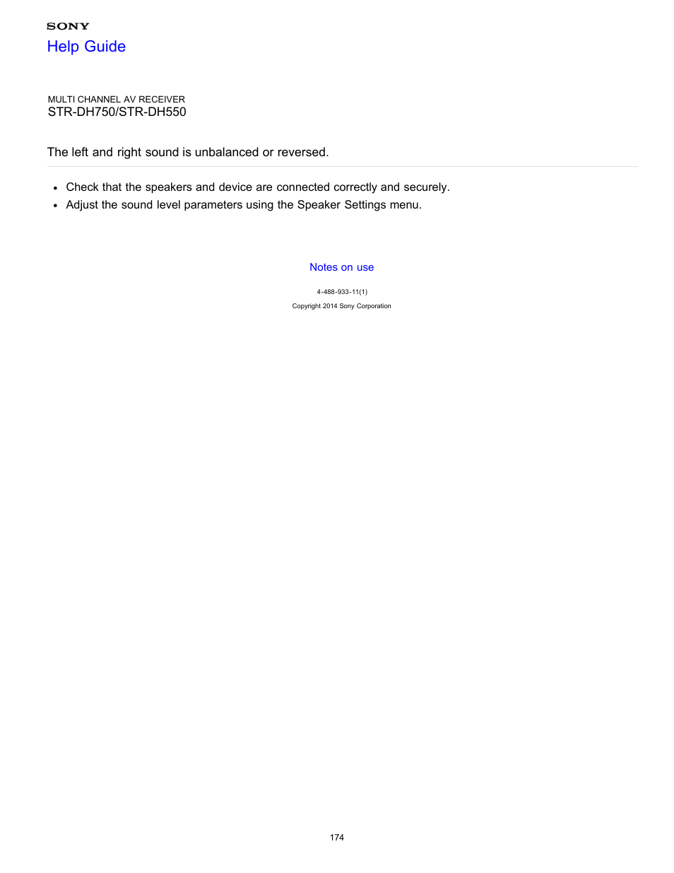 The left and right sound is unbalanced or reversed, Help guide | Sony STR-DH750 User Manual | Page 181 / 246