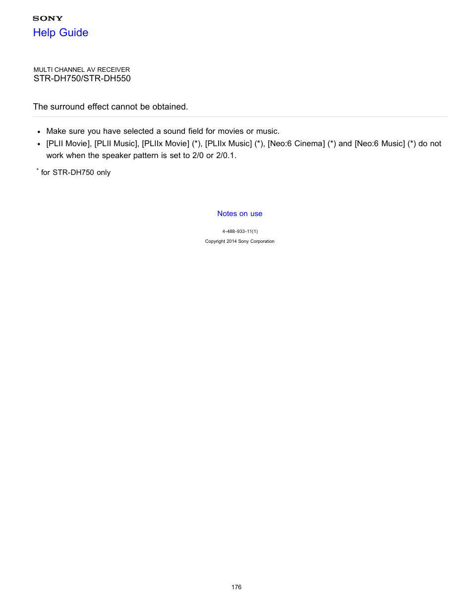 The surround effect cannot be obtained, Help guide | Sony STR-DH750 User Manual | Page 183 / 246