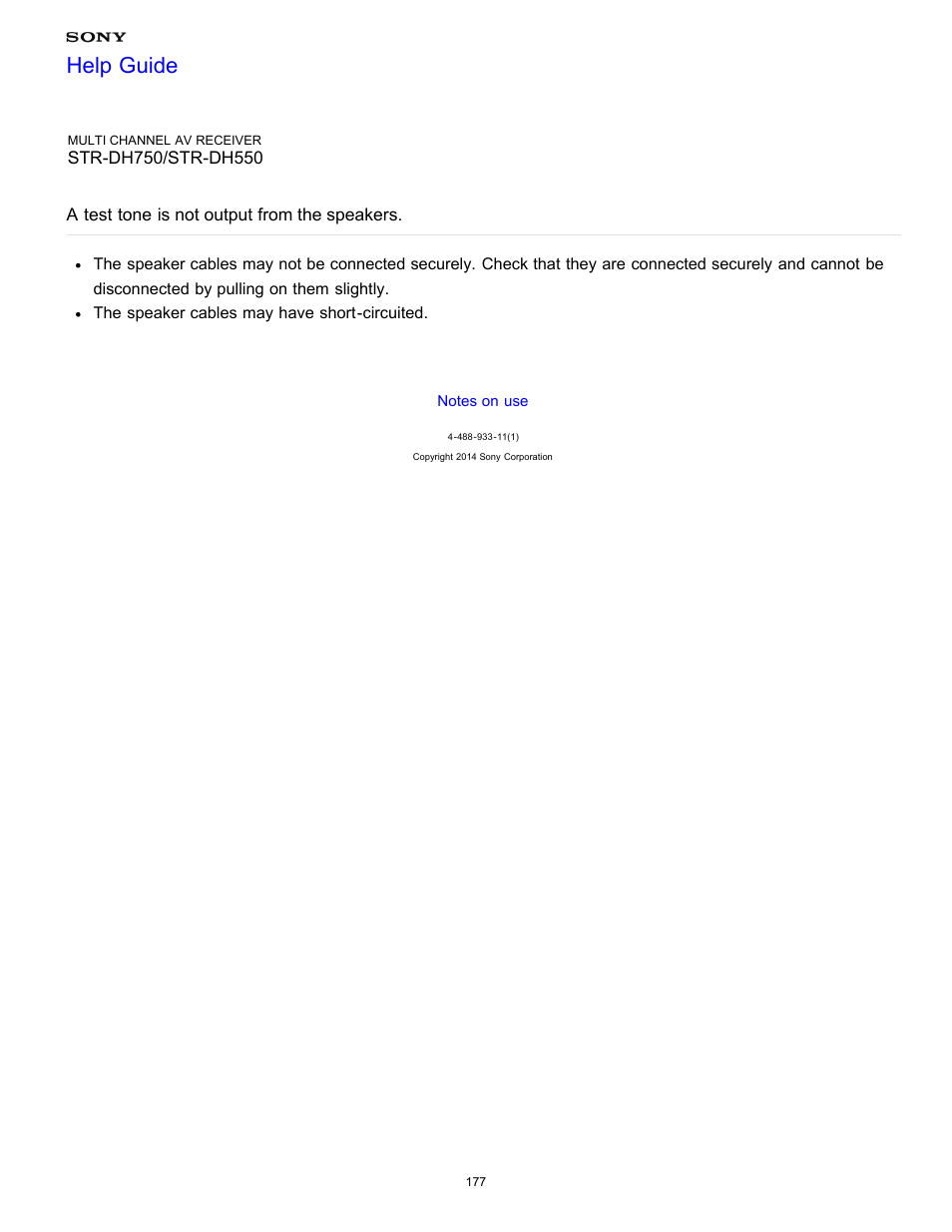 A test tone is not output from the speakers, Help guide | Sony STR-DH750 User Manual | Page 184 / 246