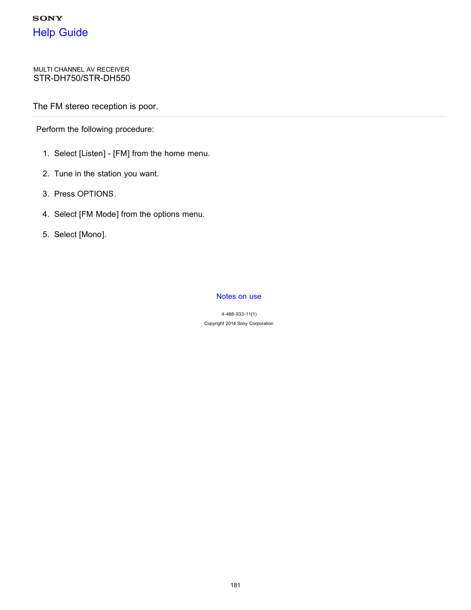 The fm stereo reception is poor, Help guide | Sony STR-DH750 User Manual | Page 188 / 246