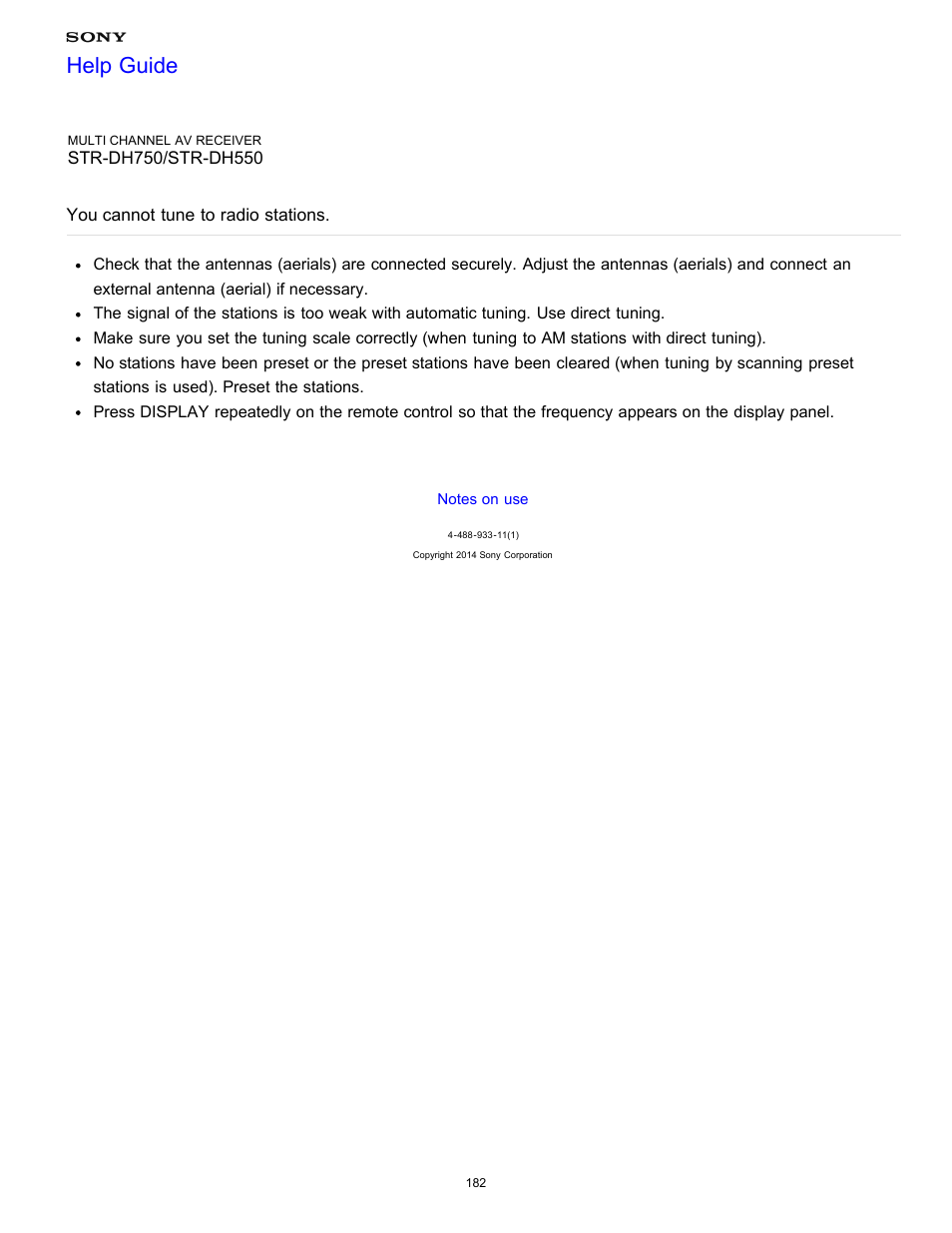 You cannot tune to radio stations, Help guide | Sony STR-DH750 User Manual | Page 189 / 246
