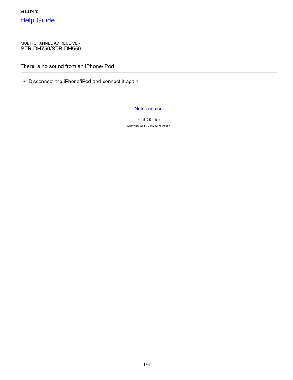 There is no sound from an iphone/ipod, Help guide | Sony STR-DH750 User Manual | Page 193 / 246