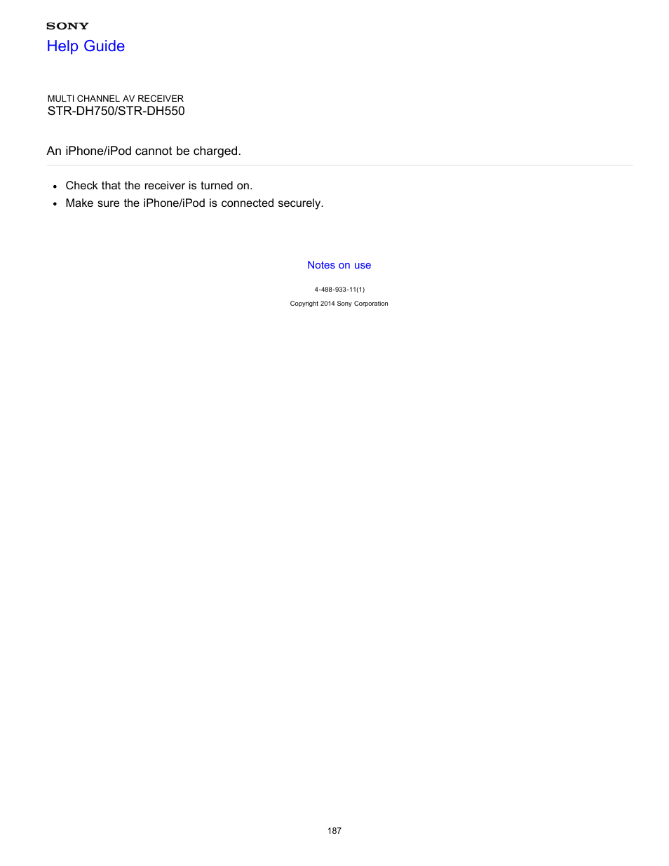 An iphone/ipod cannot be charged, Help guide | Sony STR-DH750 User Manual | Page 194 / 246