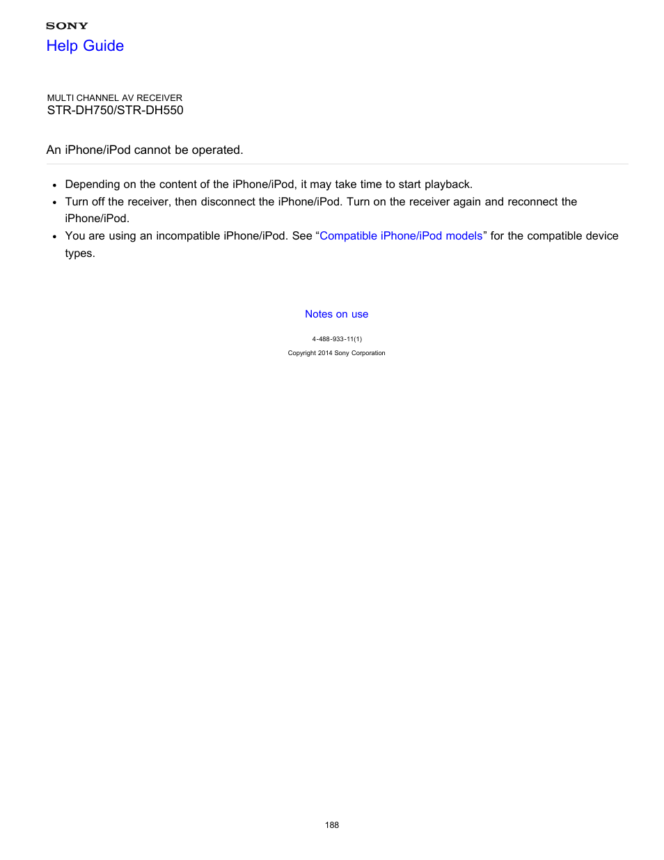 An iphone/ipod cannot be operated, Help guide | Sony STR-DH750 User Manual | Page 195 / 246