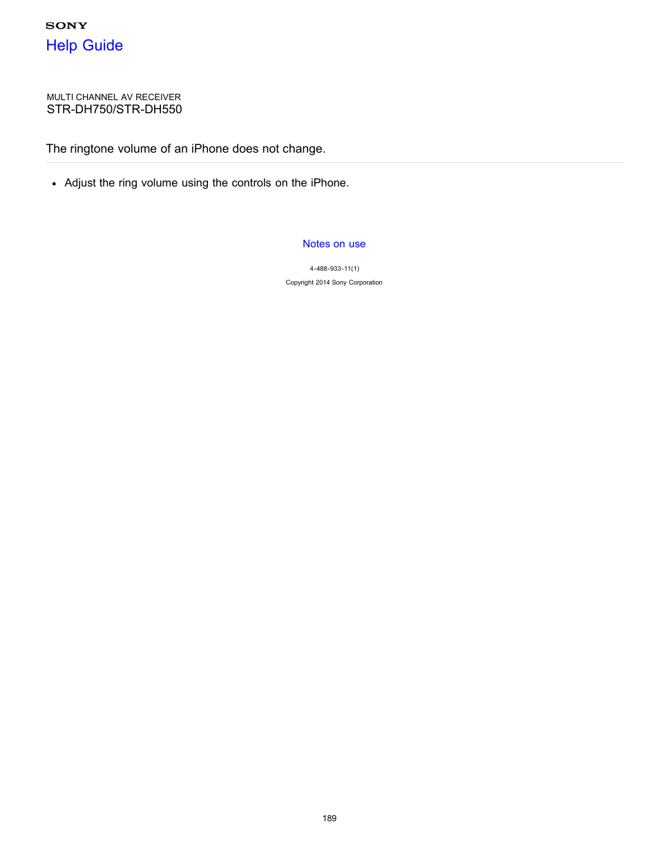 The ringtone volume of an iphone does not change, Help guide | Sony STR-DH750 User Manual | Page 196 / 246