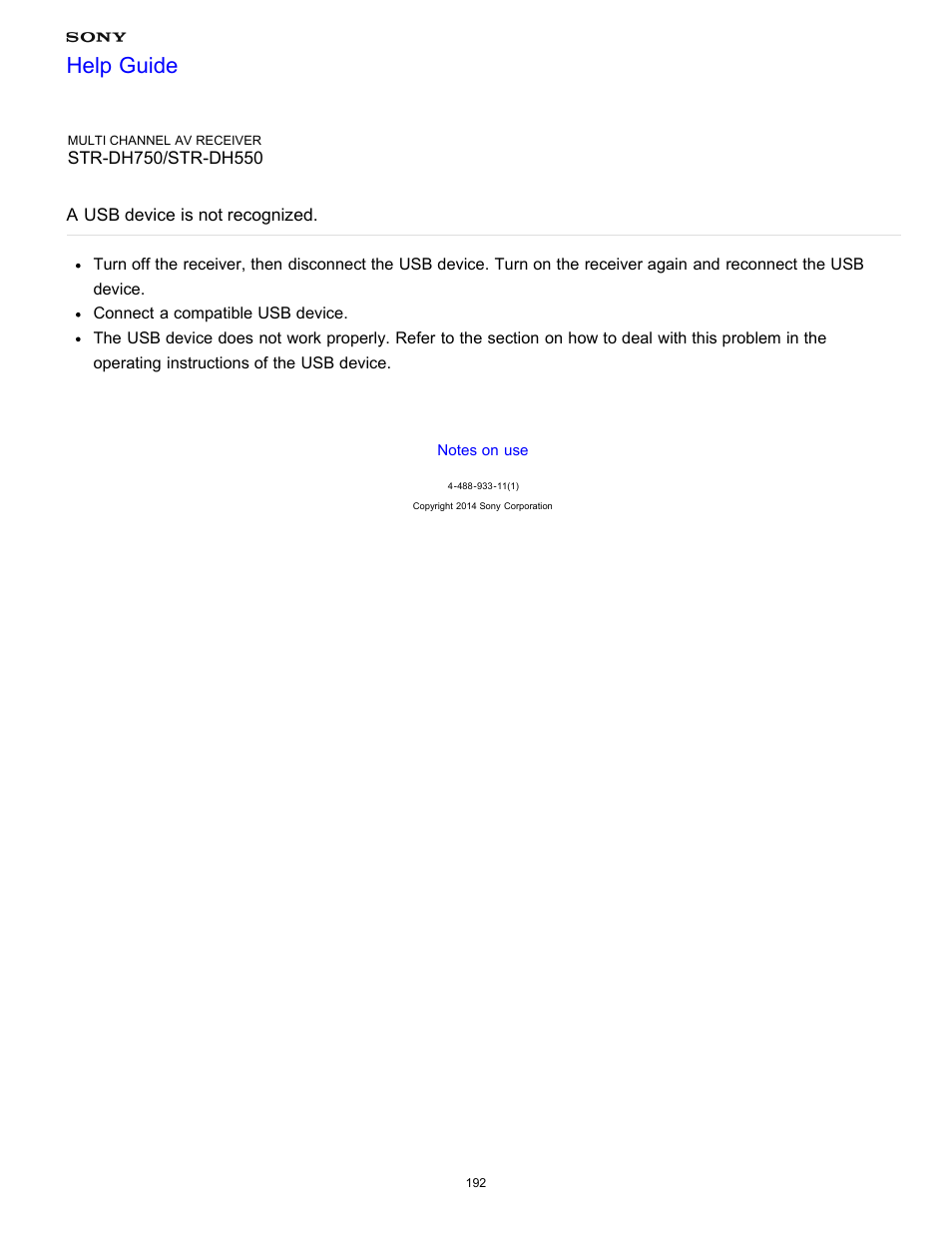 A usb device is not recognized, Help guide | Sony STR-DH750 User Manual | Page 199 / 246