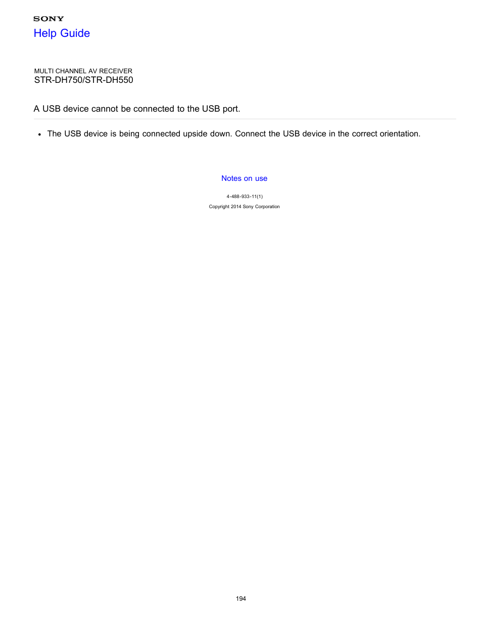 A usb device cannot be connected to the usb port, Help guide | Sony STR-DH750 User Manual | Page 201 / 246