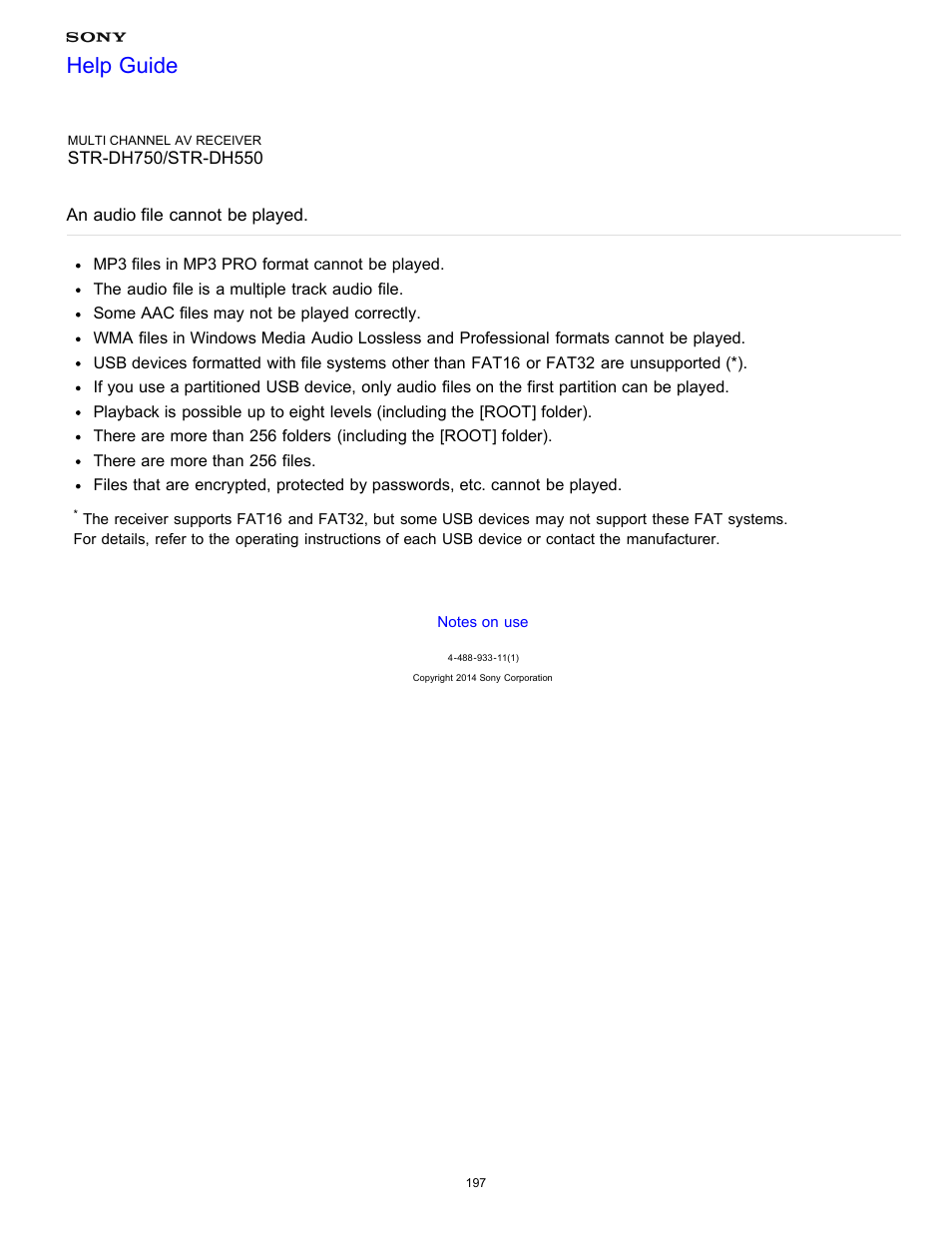 An audio file cannot be played, Help guide | Sony STR-DH750 User Manual | Page 204 / 246