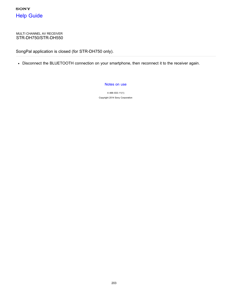 Songpal application is closed (for str-dh750 only), Help guide | Sony STR-DH750 User Manual | Page 210 / 246
