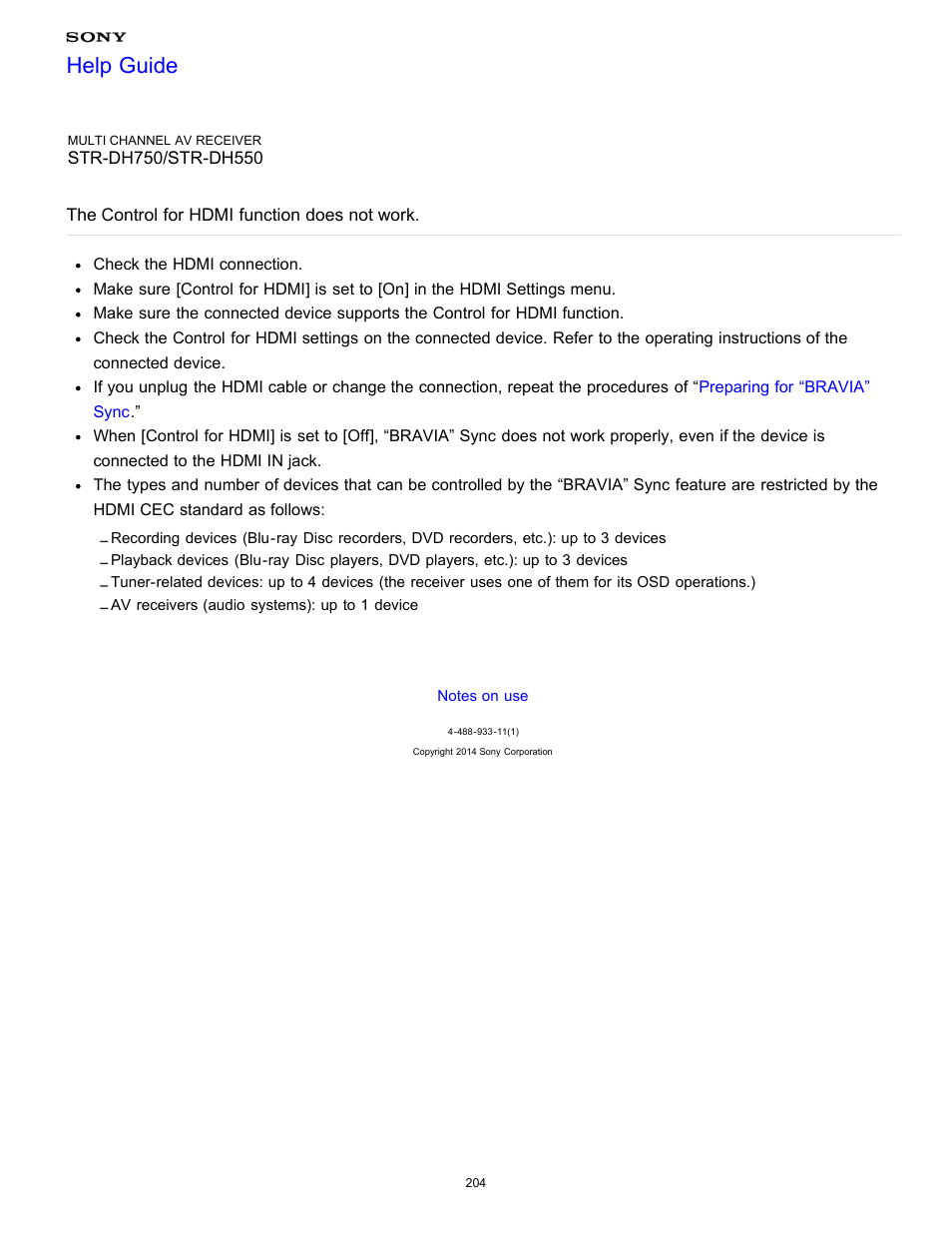 The control for hdmi function does not work, Help guide | Sony STR-DH750 User Manual | Page 211 / 246
