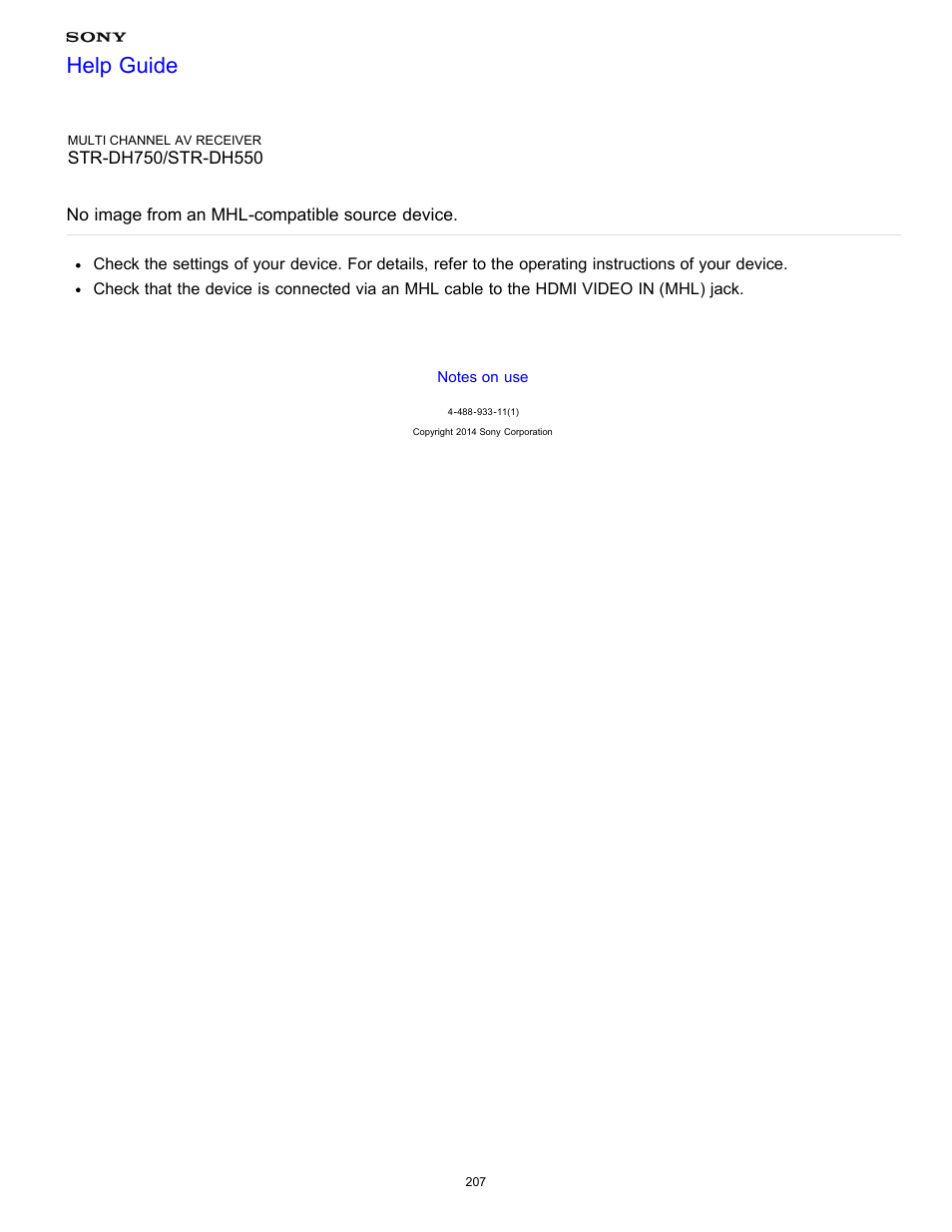 No image from an mhl-compatible source device, Help guide | Sony STR-DH750 User Manual | Page 214 / 246