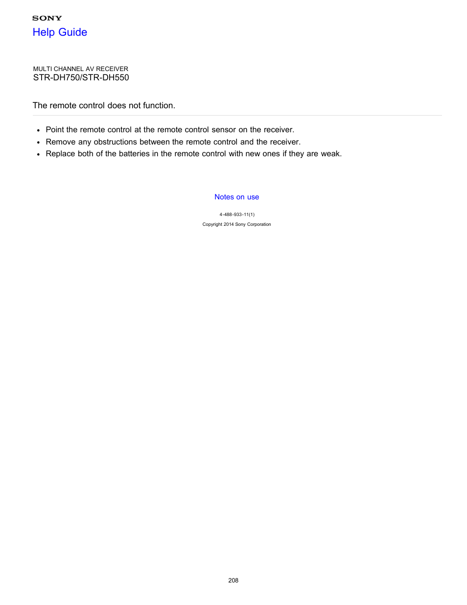 The remote control does not function, Help guide | Sony STR-DH750 User Manual | Page 215 / 246