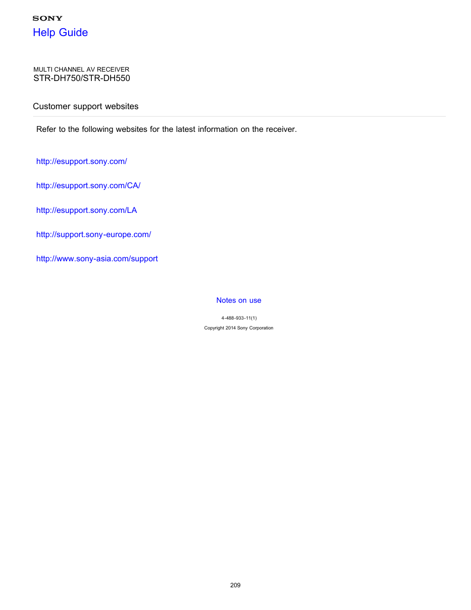 Customer support websites, Help guide | Sony STR-DH750 User Manual | Page 216 / 246