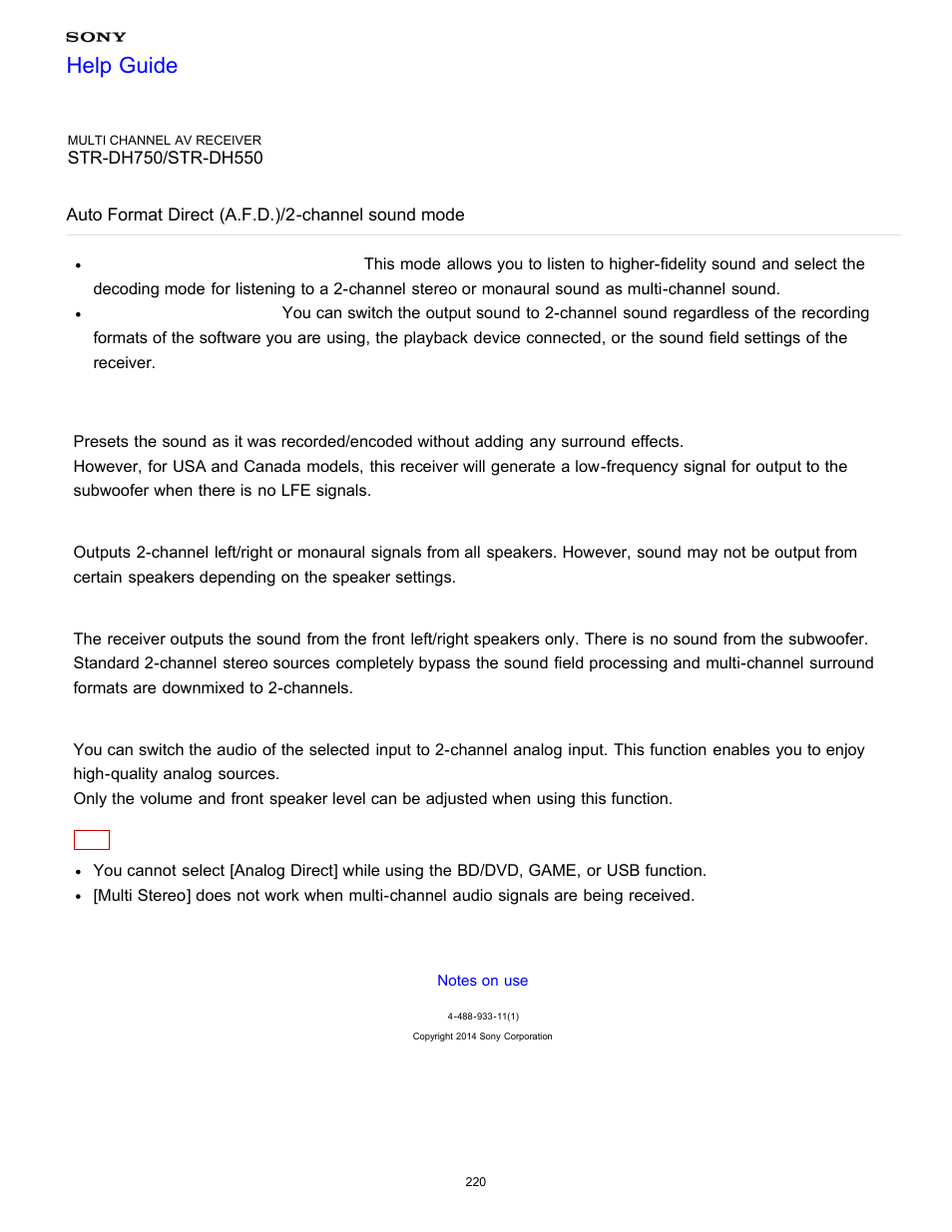 Auto format direct (a.f.d.)/2-channel sound mode, Help guide | Sony STR-DH750 User Manual | Page 227 / 246