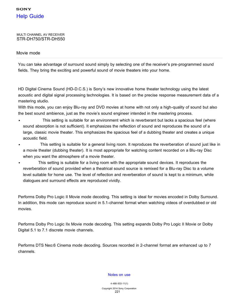 Movie mode, Help guide | Sony STR-DH750 User Manual | Page 228 / 246