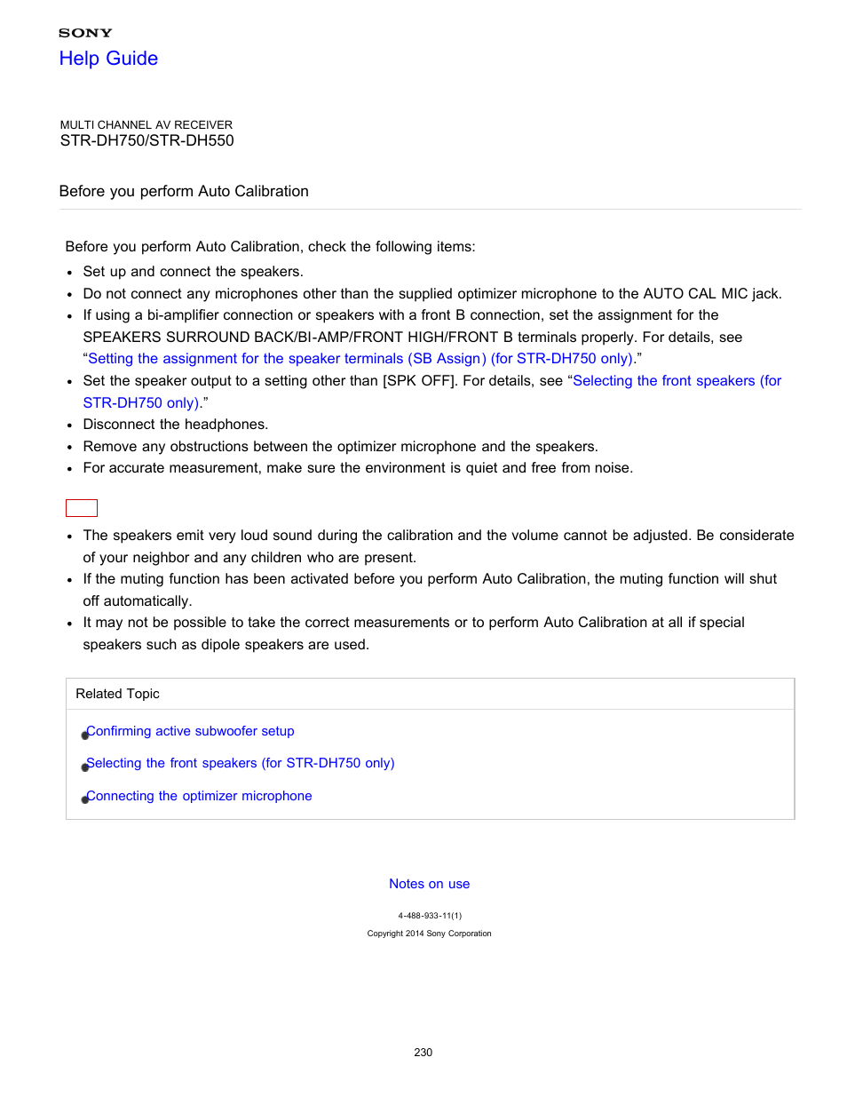 Before you perform auto calibration, Help guide | Sony STR-DH750 User Manual | Page 237 / 246