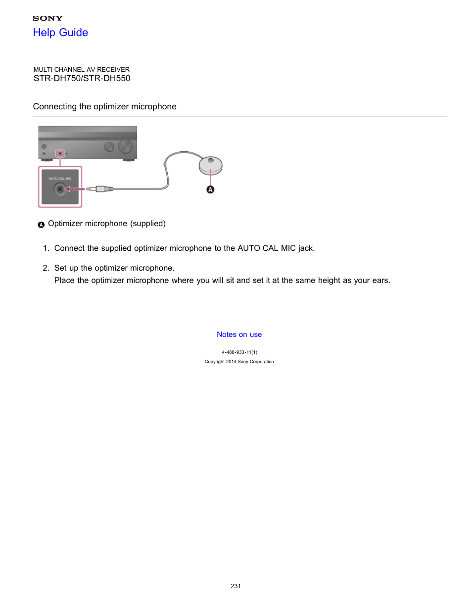 Connecting the optimizer microphone, Help guide | Sony STR-DH750 User Manual | Page 238 / 246