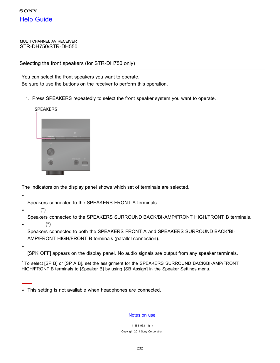 Selecting the front speakers (for str-dh750 only), Selecting the front speakers (for, Str-dh750 only) | Help guide | Sony STR-DH750 User Manual | Page 239 / 246