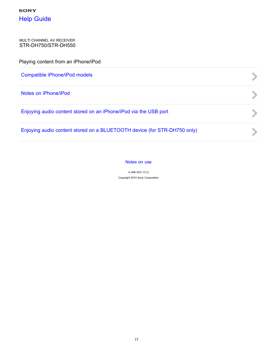 Playing content from an iphone/ipod, Help guide | Sony STR-DH750 User Manual | Page 24 / 246