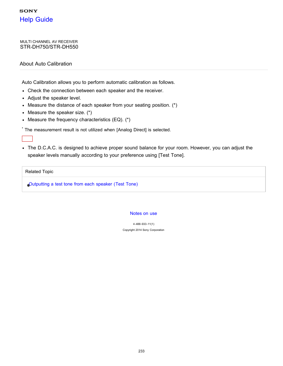 About auto calibration, Help guide | Sony STR-DH750 User Manual | Page 240 / 246