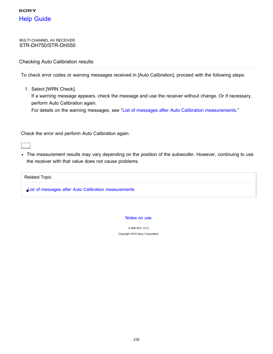 Checking auto calibration results, Help guide | Sony STR-DH750 User Manual | Page 242 / 246