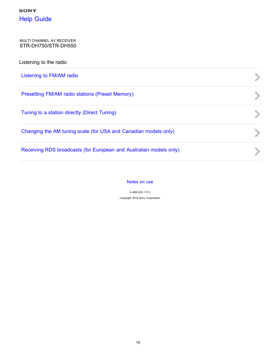 Listening to the radio, Help guide | Sony STR-DH750 User Manual | Page 26 / 246