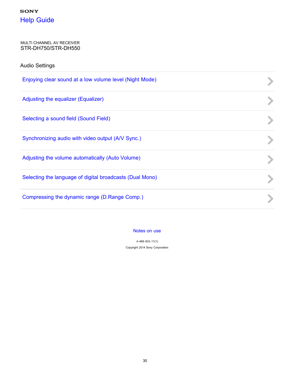 Audio settings, Help guide | Sony STR-DH750 User Manual | Page 37 / 246