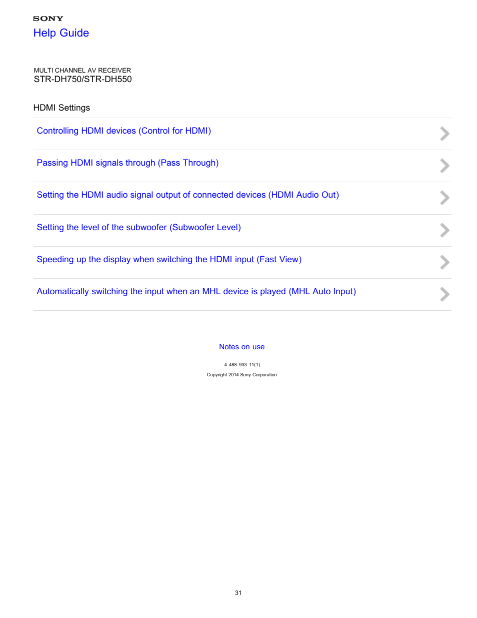 Hdmi settings, Help guide | Sony STR-DH750 User Manual | Page 38 / 246