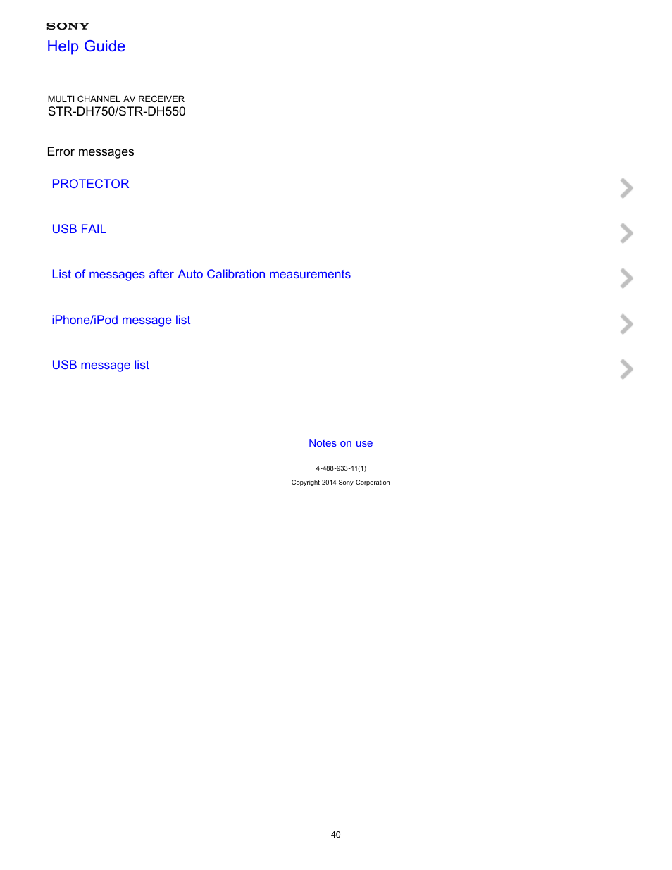 Error messages, Help guide | Sony STR-DH750 User Manual | Page 47 / 246