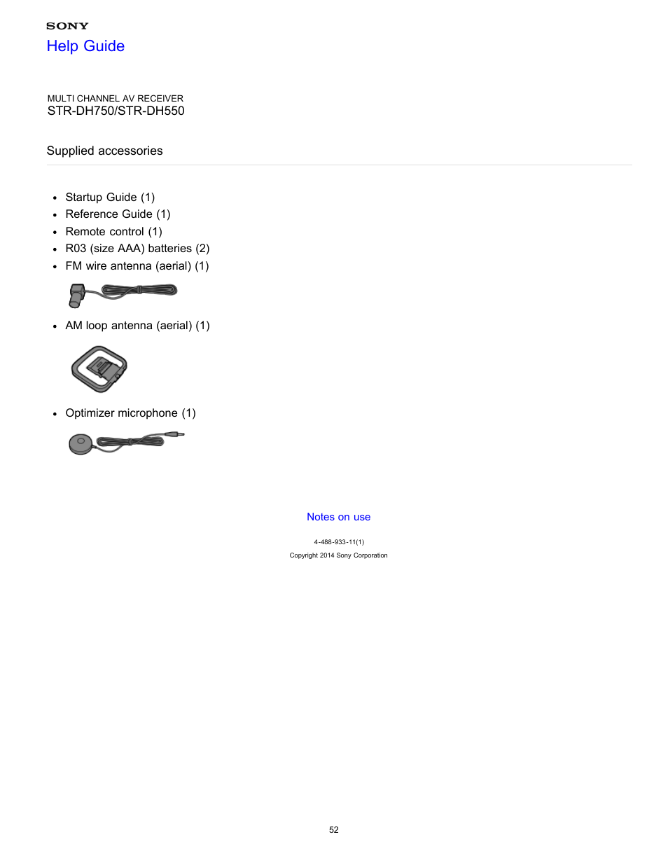 Supplied accessories, Help guide | Sony STR-DH750 User Manual | Page 59 / 246