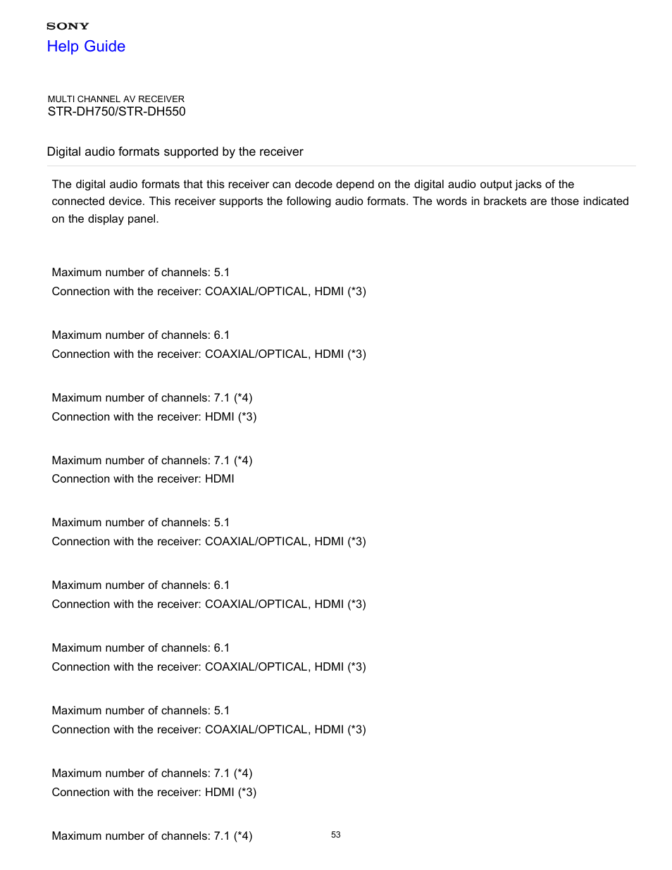 Digital audio formats supported by the receiver, Help guide | Sony STR-DH750 User Manual | Page 60 / 246