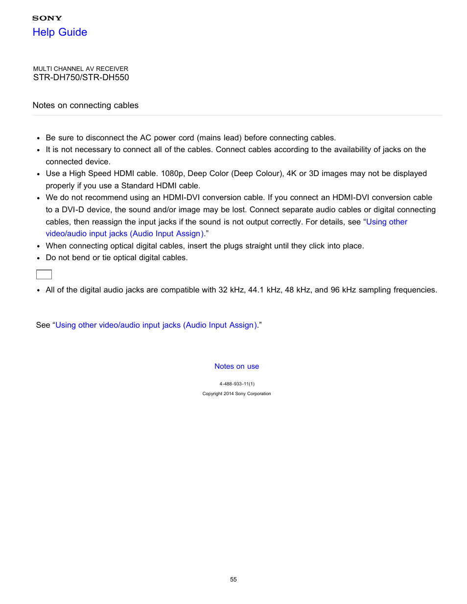 Notes on connecting cables, Help guide | Sony STR-DH750 User Manual | Page 62 / 246