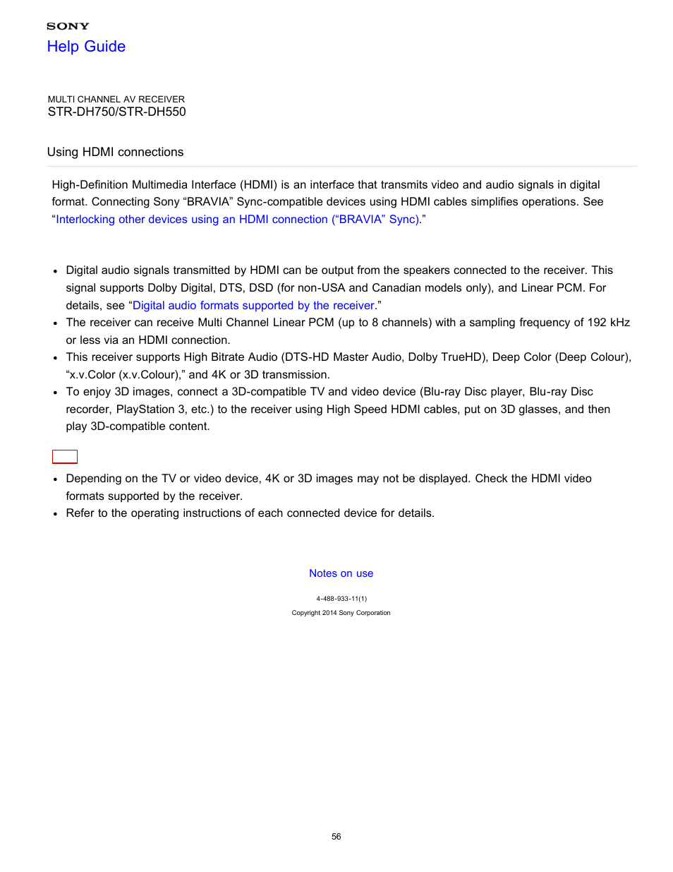 Using hdmi connections, Help guide | Sony STR-DH750 User Manual | Page 63 / 246