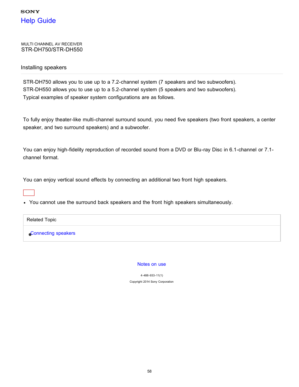 Installing speakers, Help guide | Sony STR-DH750 User Manual | Page 65 / 246